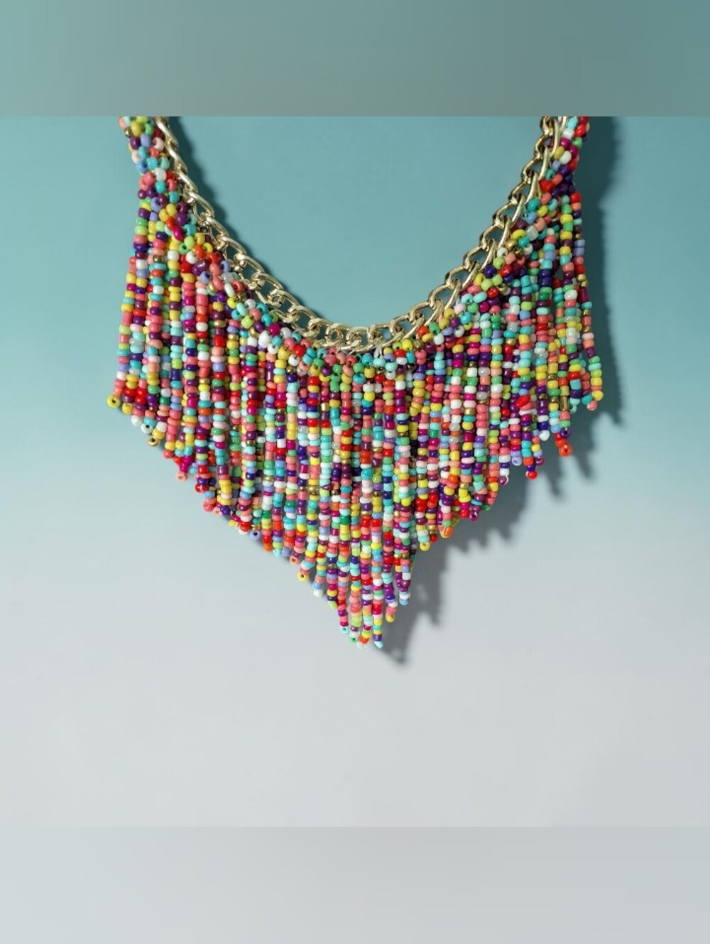 Gold-Chain Multicolor Seed-Bead Fringe Necklace - Picture 2 of 3